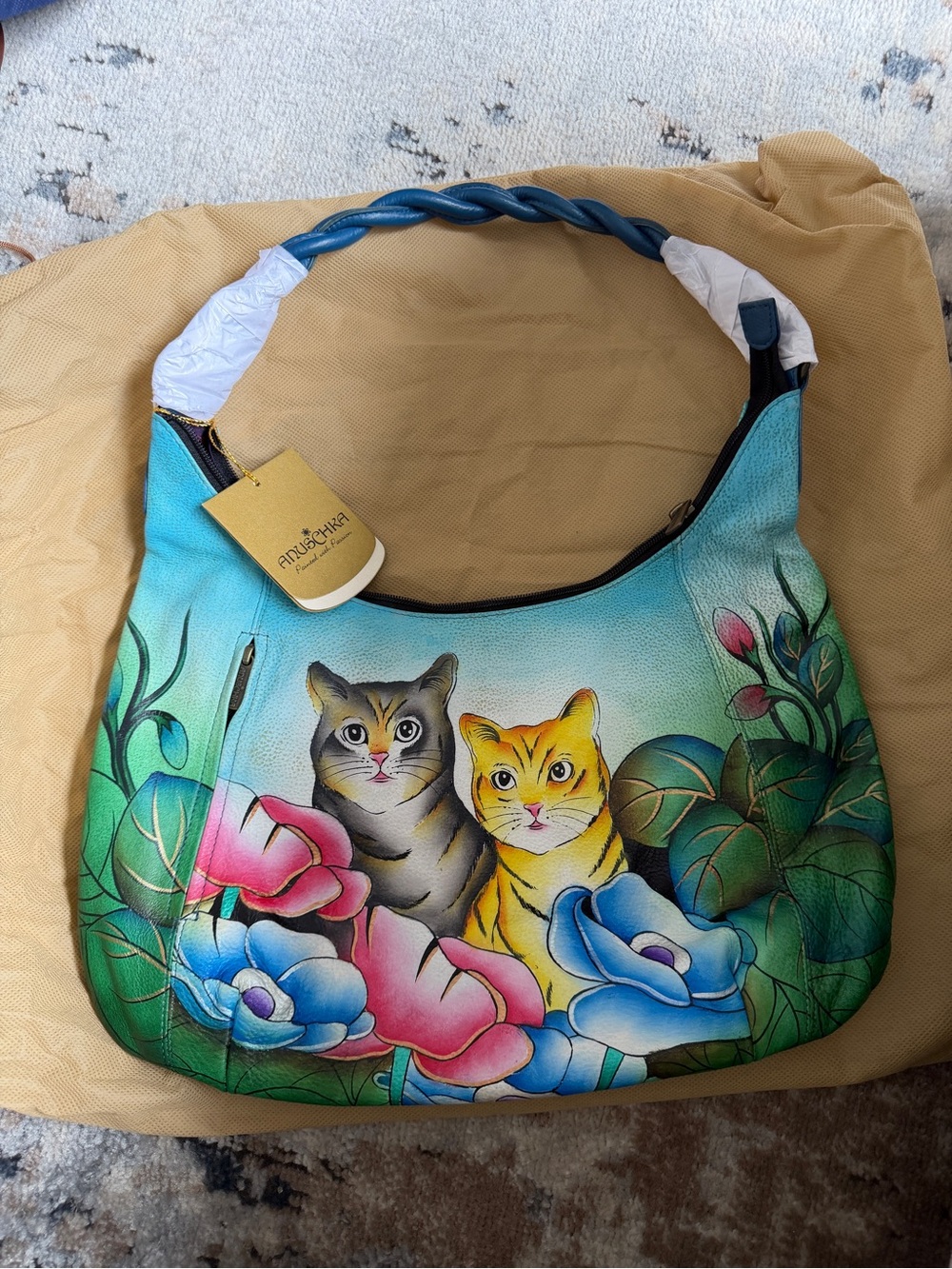Anuschka Painted Cat & Floral Shoulder Hobo in Turquoise and Blue